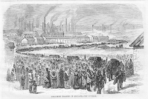 Schwarze und weiße Zeichnung von Menschen vor einer Fabrik mit Häusern und Rauch aus Schornsteinen, Text unten lautet "Kohlebergbauunfall in England das Ende".