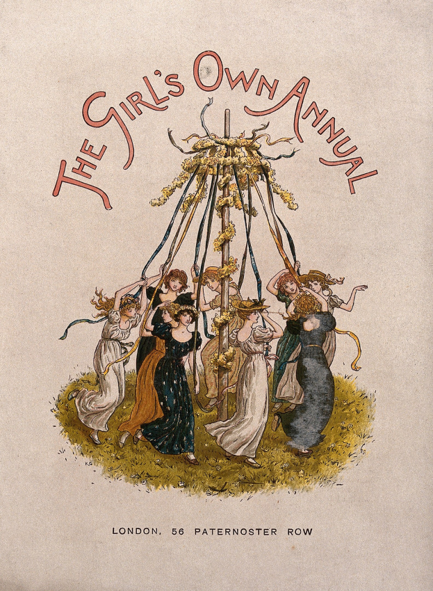 Illustration aus 'The Girl's Own Annual', die eine Gruppe von Menschen in bunten Kleidern um einen geschmückten Maibaum tanzt.