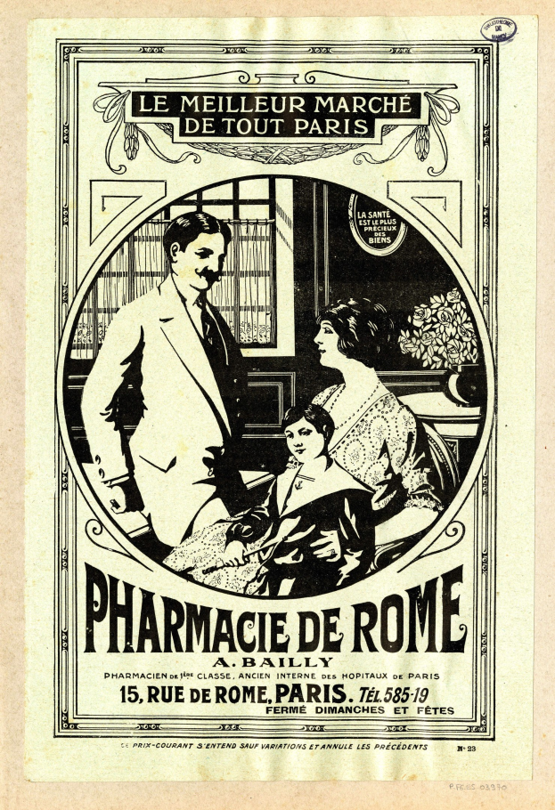 Schwarze-wei├če Reklame für eine Apotheke in Rom mit einem Mann und einer Frau, die nebeneinander stehen, und Text, der die Dienstleistungen beschreibt.