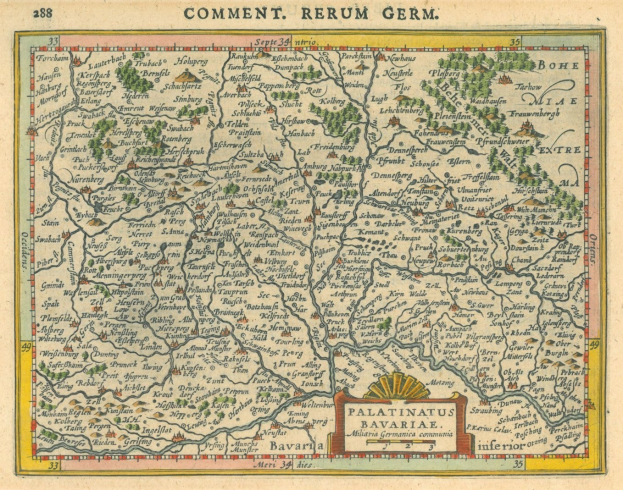 Schwarze und weiße Deutschlandkarte, die die Provinzen Pfalz und Bayern hervorhebt, mit handgeschriebener Text auf dem Papier.