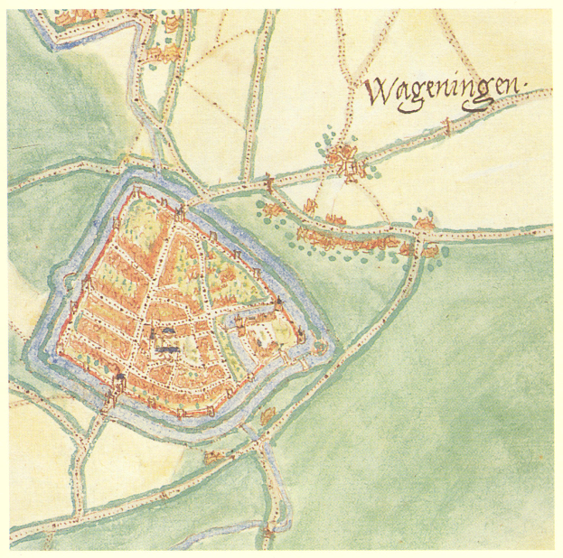 Ein detaillierter Stadtplan von Wageningen, Deutschland, mit Straßen, Gebäuden und Sehenswürdigkeiten sowie begleitendem Text mit zusätzlichen Informationen.