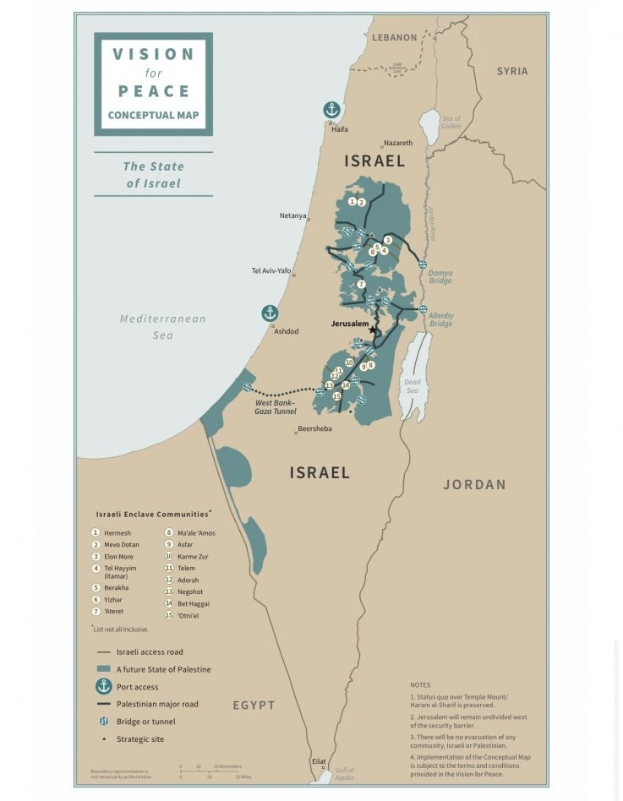Ein Plakat mit der Aufschrift "Vision für Friedenskonzept-Kartendarstellung", das eine farbcodierte Karte von Israel mit fetter schwarzer Schrift oben zeigt.