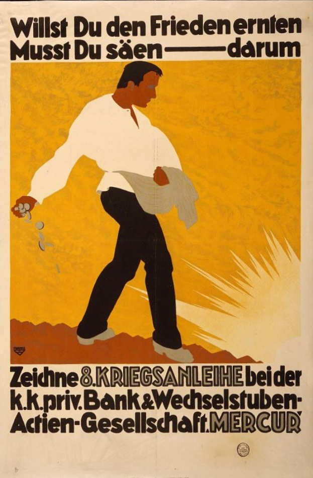 Deutsches Propagandaplakat für die Bank von Deutschland mit einem Mann in weißem Hemd und schwarzen Hosen, mit Text, der Bankinformationen enthält.