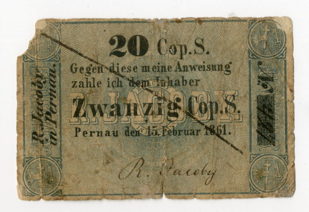 Alte deutsche 20-Mark-Banknote von 1861 mit Text und Zahlen auf einem weißen Hintergrund.