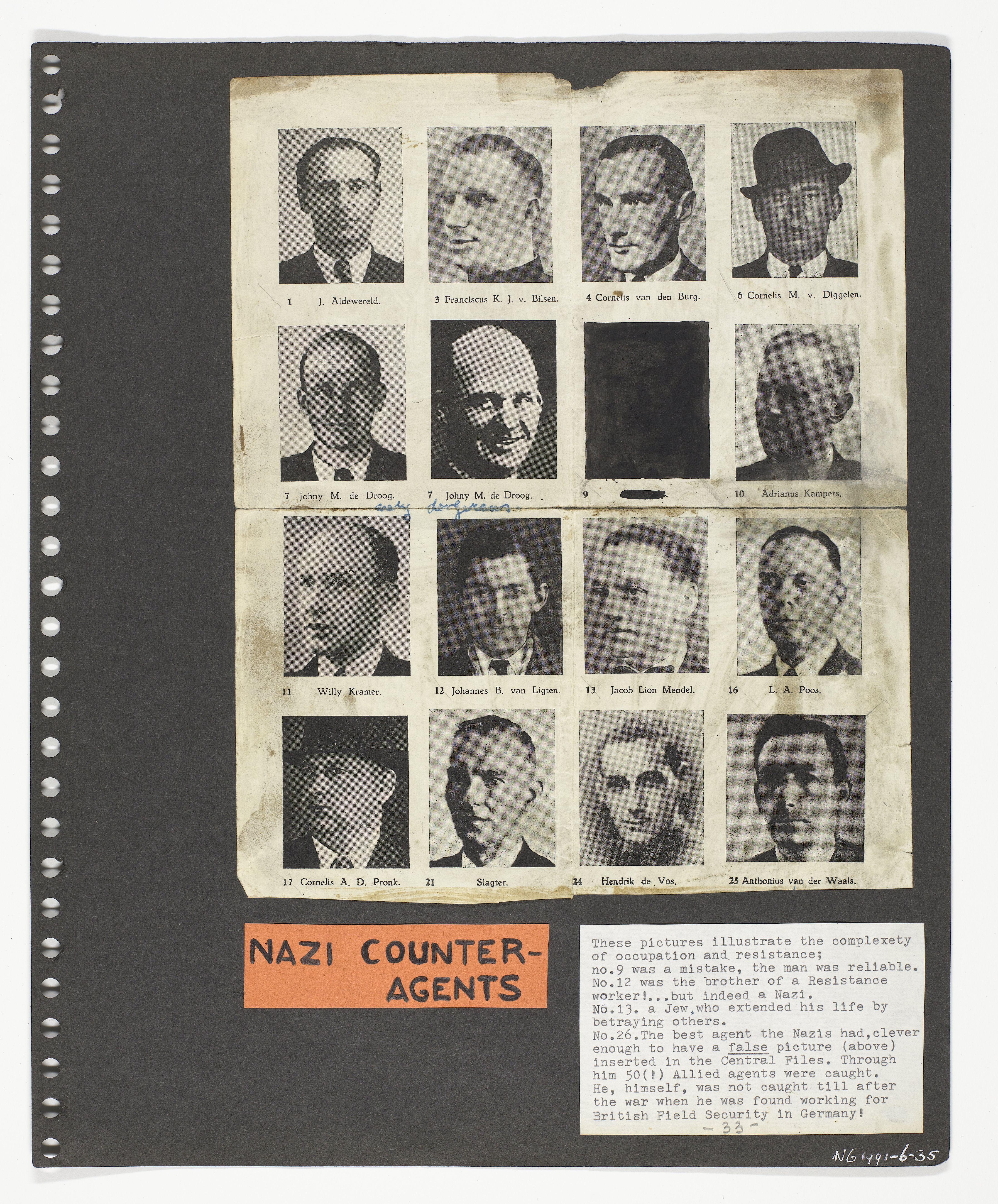 Ein Schwarz-Weiß-Foto eines Mannes im Anzug und Krawatte mit dunklem, zurückgekämmtem Haar, der direkt in die Kamera schaut und einen ernsten Gesichtsausdruck hat, mit den Worten 'Nazi-Gegenspionage' auf dem Bild.