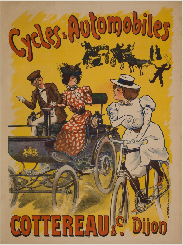 Plakat für Fahrräder und Automobile in Cottereau und Dijon, Frankreich, zeigt Menschen auf Fahrrädern und eine Kutsche mit "Fahrräder und Automobile" oben drauf.