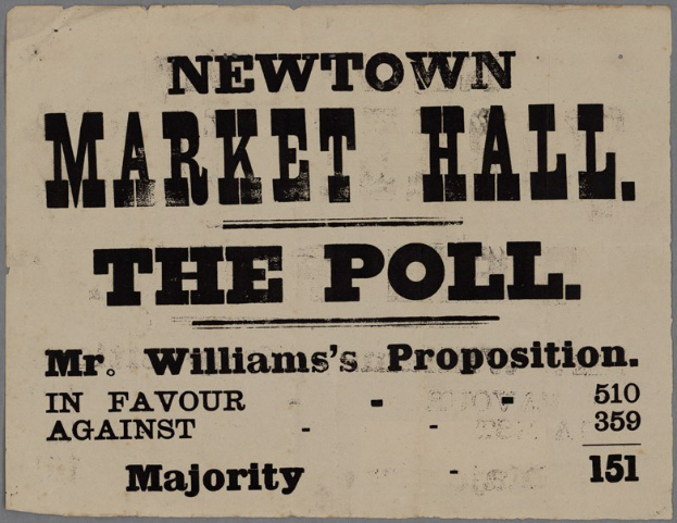 Ein Blatt mit der Aufschrift "Newtown Market Hall, die Wahl, Mr. Williams' Proposition für gegen Mehrheit" darauf.