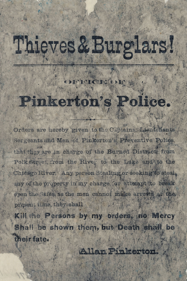 Ein Plakat mit fetter schwarzer Schrift, die 'Diebe & Einbrecher Pinkerton's Police' lautet, auf einem weißem Hintergrund, eingerahmt von einem schmalen schwarzen Rand.