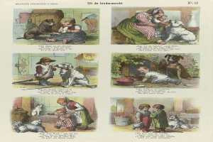 Ein Buchseite mit Kindern in bunter Kleidung, verschiedenen Hundewelpen und kursivem Text innerhalb eines verzierten Rahmens.