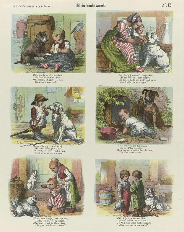 Ein Buchseite mit Kindern in bunter Kleidung, verschiedenen Hundewelpen und kursivem Text innerhalb eines verzierten Rahmens.