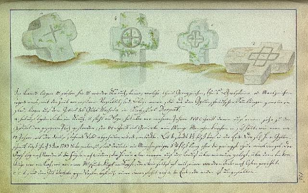 Ein vergilbter deutscher Familienbrief aus dem Jahr 1823 mit drei detailliert gezeichneten keltischen Kreuzen in sauberer Schreibschrift.