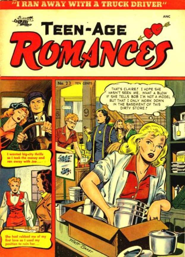 Ein Plakat, das eine Gruppe von Menschen in einer romantischen Umarmung zeigt, mit dem Text "Teen-Age Romances 23-A by DC" quer darüber in fetter Schrift.