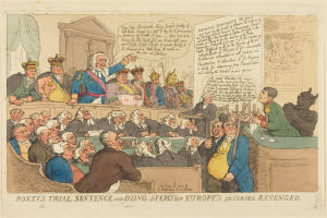 Cartoon-Illustration einer Gerichtsszene mit einem zentralen stehenden Mann, einer sitzenden Jury und einem Tisch mit Gegenständen, betitelt "Boney's Trial, Sentence, and Dying Speech Europe's Injuries Revenged."