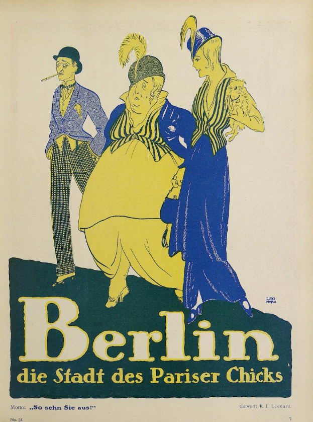 Ein Plakat, das ein Konzert in Berlin, Deutschland, bewirbt, zeigt eine Gruppe von Menschen in bunter Kleidung vor einem Gebäude mit der Aufschrift "Berlin - Die Stadt des Pariser Chicks" oben.