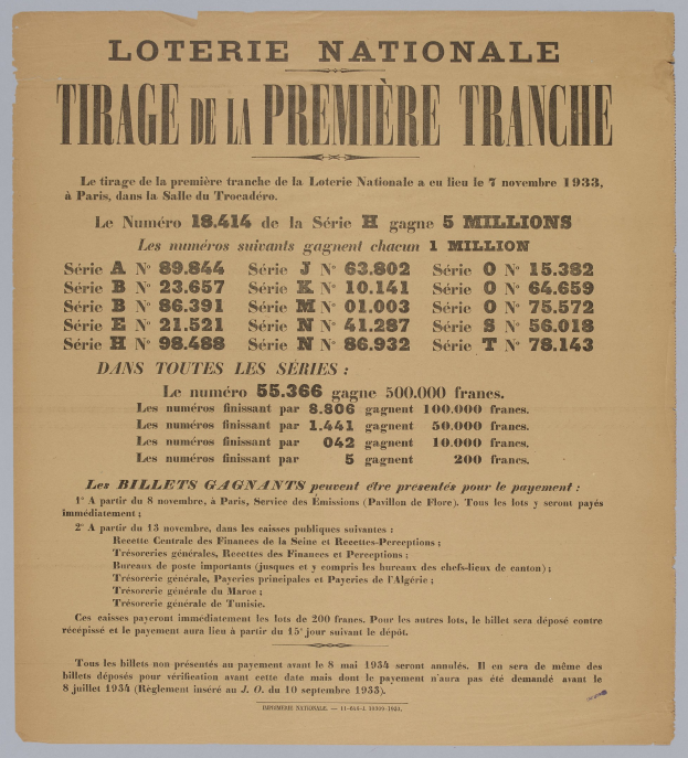 Ein Lotterielos mit der Aufschrift "Loterie Nationale Tirage de la Première Tranche"