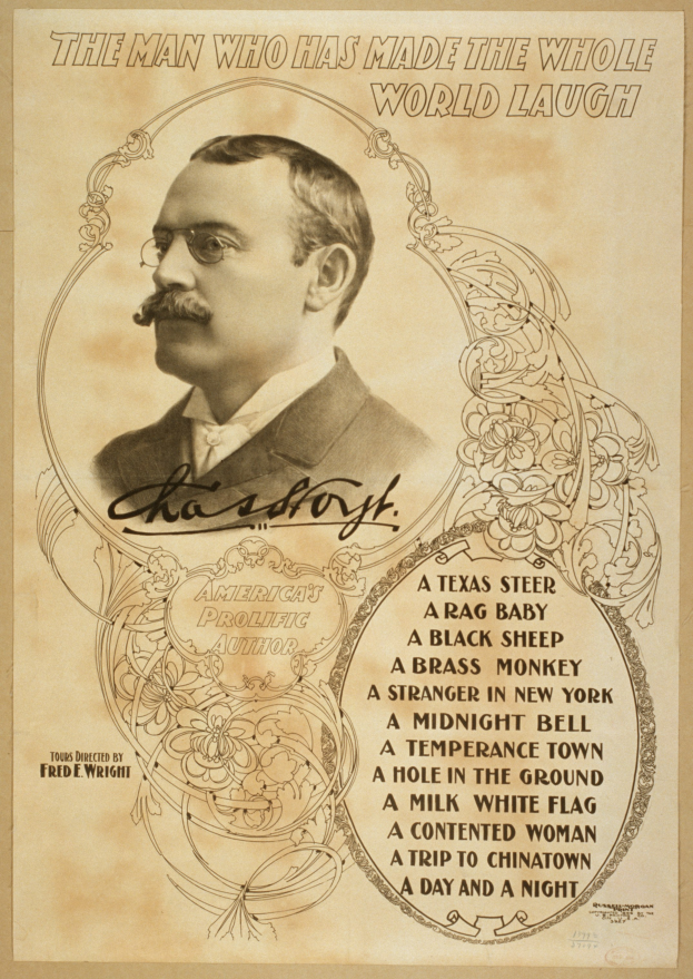 Ein Plakat mit einem Mann mit Schnurrbart und Brille, der einen Anzug und eine Krawatte trägt, mit der Aufschrift "Der Mann, der die ganze Welt zum Lachen gebracht hat" oben drauf, der konzentriert in die Ferne schaut.