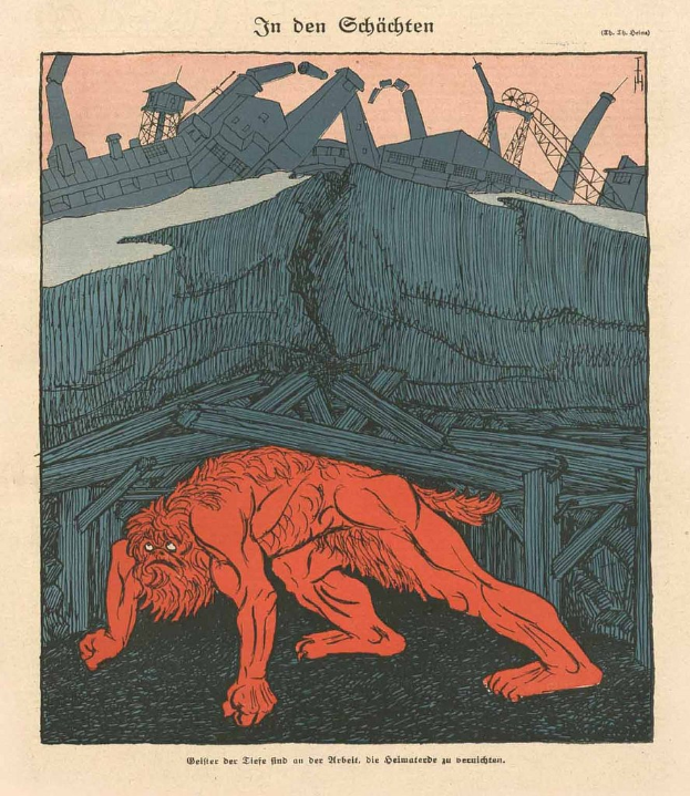 Illustration eines bedrohlichen Werwolfs in Kampfstellung vor einem rauchenden Fabrikgelände unter einem tiefblauen Himmel, mit einem Plakat im Hintergrund, das das Bild des Werwolfs und eine fette Schrift zeigt.