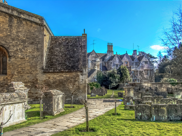 Ein Wohngebiet mit Häusern, Gebäuden und Grünflächen einschließlich Pflanzen, Bäumen und Gras.