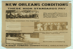 Ein Plakat mit dem Text "New Orleans Bedingungen: Diese hohen Standards zahlen sich aus" und Bildern von Menschen, darunter einer, der ein Fahrrad fährt.