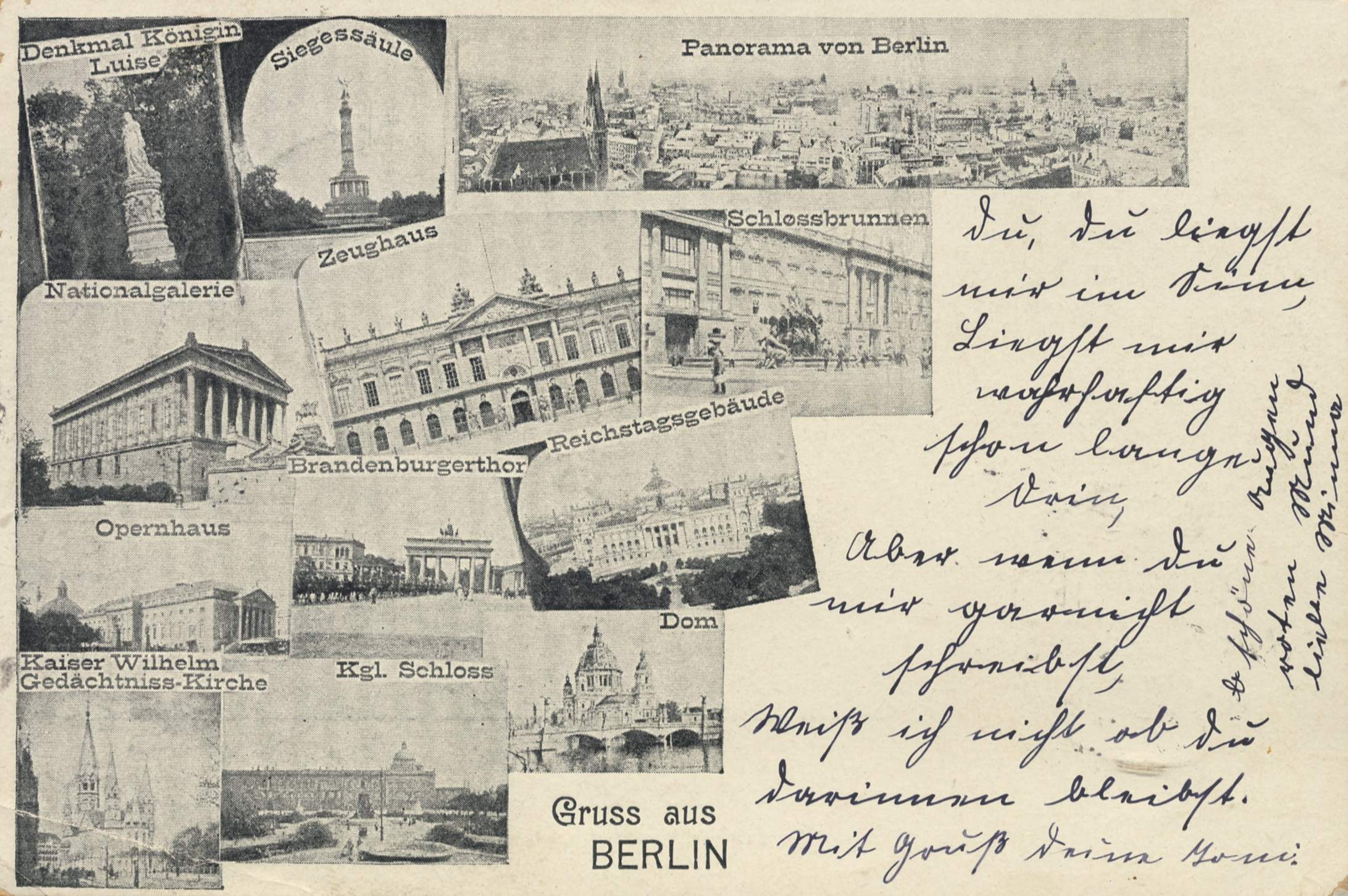 Eine alte Postkarte mit mehreren Bildern von Berlin, darunter Architektur, Grünflächen und eine Statue, mit handgeschriebener Schrift.