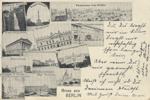 Eine alte Postkarte mit mehreren Bildern von Berlin, darunter Architektur, Grünflächen und eine Statue, mit handgeschriebener Schrift.