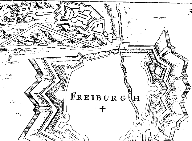 Eine schwarz-weiße detaillierte Karte von Freiburg, Deutschland, mit Straßen, Gebäuden und Sehenswürdigkeiten, überlagert mit Text.