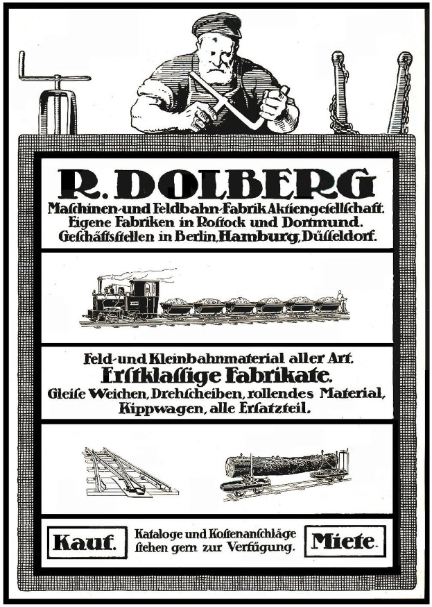 Werbung für die Fabrik von R.D. Dolberg in Hamburg, Deutschland, mit Text, einer Person, einem Zug und anderen Objekten.