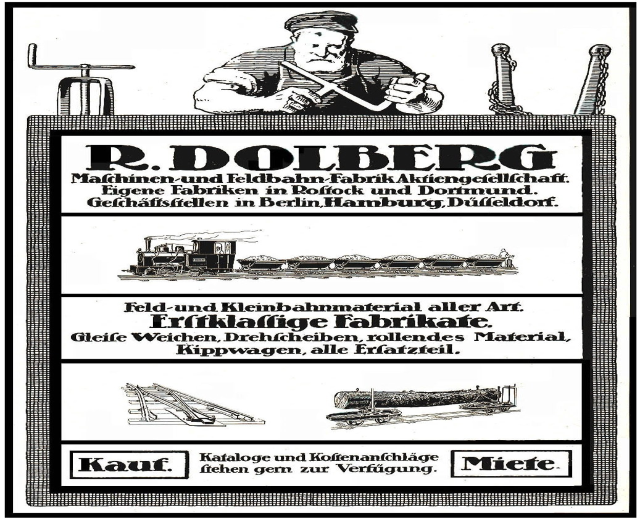 Werbung für die Fabrik von R.D. Dolberg in Hamburg, Deutschland, mit Text, einer Person, einem Zug und anderen Objekten.