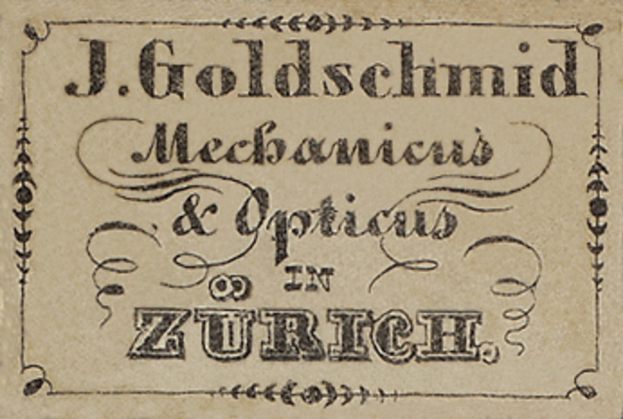 Alte Visitenkarte für "J. Goldschmidt Mechanicus & Optics in Zurich", wahrscheinlich aus dem frühen 20. Jahrhundert.