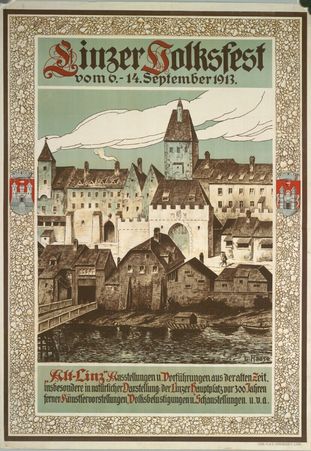 Alter Plakatwerbung für ein Festival in Deutschland, das ein Schloss zeigt, das von Häusern umgeben ist, mit Text, der Festivalinformationen enthält.