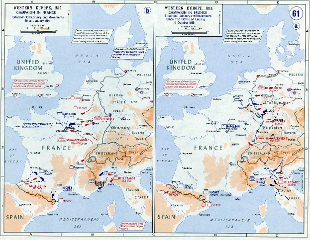 Ein historisches Poster-Kartenspiel von Europa während der Schlacht von Leipzig, unterteilt in Abschnitte für Europa und Frankreich, mit Text und Zahlen, die Regionen und Konfliktdetails angeben.