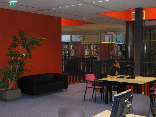 Eine Frau in einem schwarzen T-Shirt bedient ein Computersystem auf einem Tisch in einem Raum mit einer schwarzen Couch, roter Wand, einer Pflanze, Bücherregalen, weißer Wand und Fenstern, die ein Gebäude draußen zeigen.