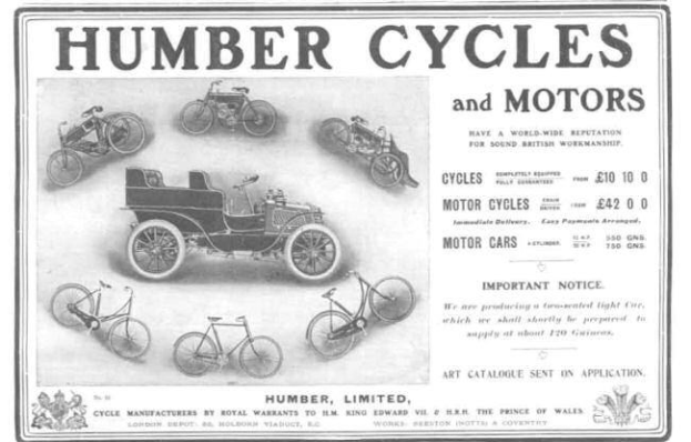 Werbeposter für Humber Cycles and Motors mit verschiedenen Fahrrädern und Kraftfahrzeugen und beschreibendem Text.