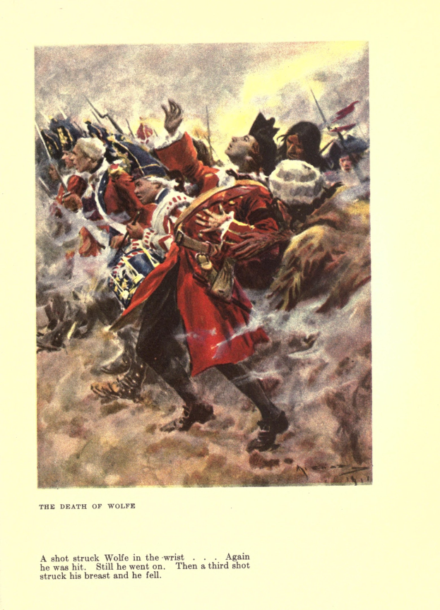 Plakat mit der Aufschrift 'Der Tod des Wolfe', das eine Gruppe betroffener Menschen in gedämpften Farben zeigt, einige schauen entsetzt nach oben und andere traurig nach unten.