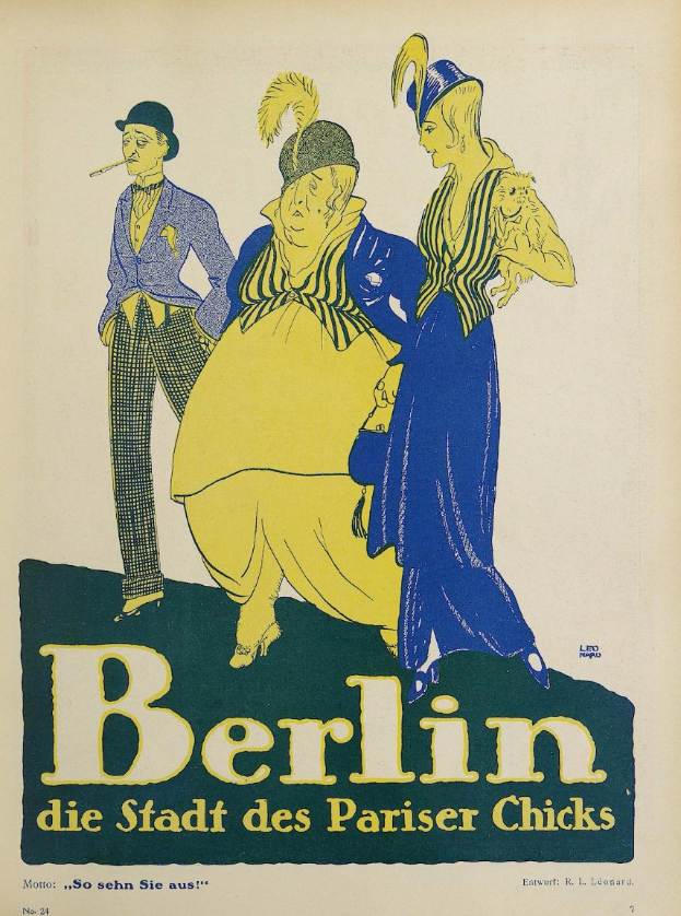 Ein Plakat, das ein Konzert in Berlin, Deutschland, ankündigt, auf dem eine Gruppe von Menschen in bunter Kleidung vor einem Gebäude steht, mit der Aufschrift "Berlin - Die Stadt des Pariser Chicks" oben.