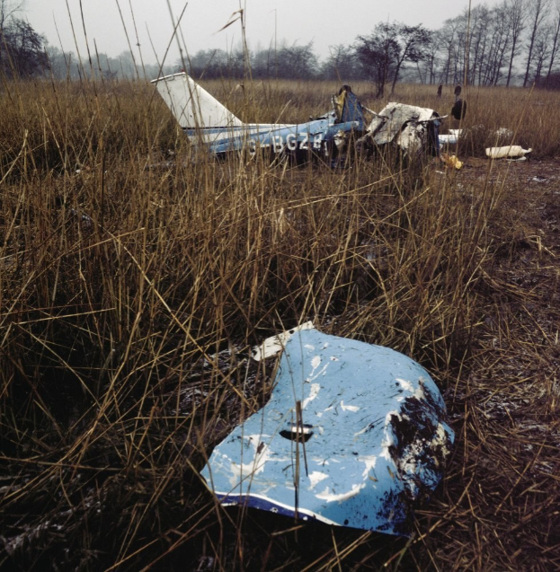 Wrack eines Kleinflugzeugs auf einer Wiese mit Bäumen und Himmel im Hintergrund.
