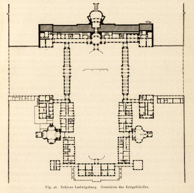 Ein detaillierter Grundrissplan des Schloss Ludwigsburg, ein Gebäude mit zahlreichen Räumen, begleitet von beschreibendem Text.