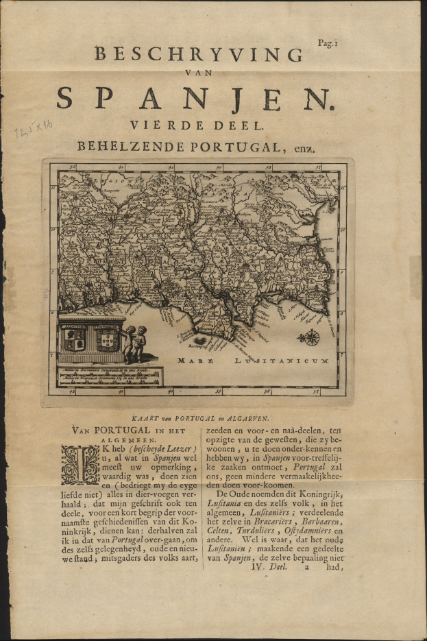 Altes Buch mit einem detaillierten Kartenbild von Spanien auf dem Cover, das geografische Merkmale wie Berge, Flüsse und Städte zeigt, begleitet von Textbeschriftungen.