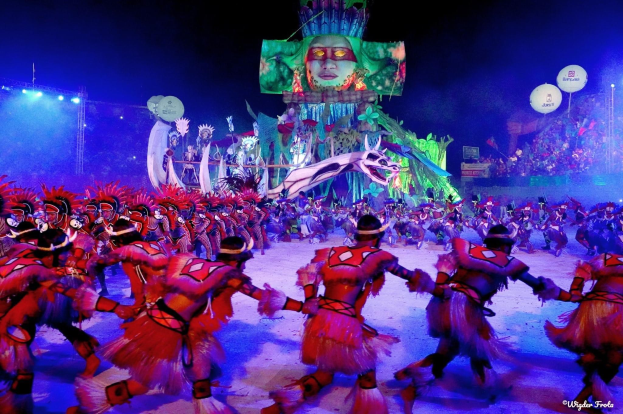 Eine Gruppe von Menschen in bunten Kostümen tanzt auf einer Bühne vor einem sitzenden Publikum, mit Lichtern, Pfählen und Ballons, und ein Bildschirm zeigt im Hintergrund eine Person, während des Karnevals in Rio de Janeiro 2014.