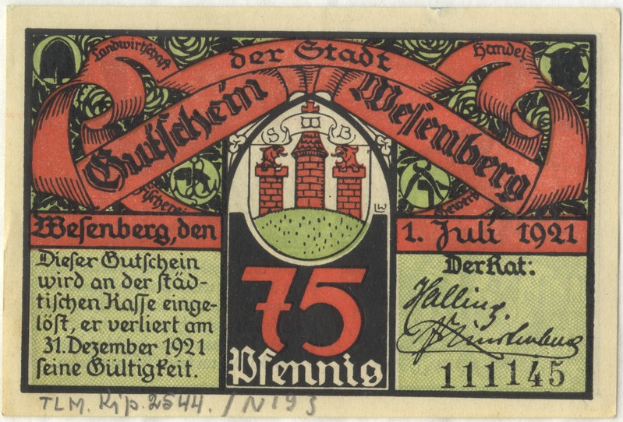 Eine alte deutsche Banknote mit einem Gebäude darauf, der Text 'Bundesliga' und ein Logo unten, auf einem weißen Hintergrund.