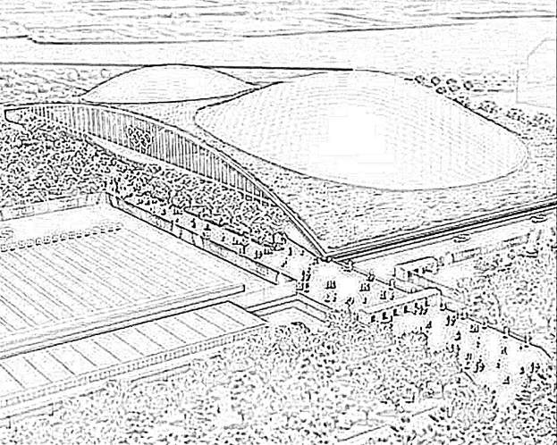 Schwarze und weiße Illustration des Tottenham Hotspur Stadiums voller Zuschauer.