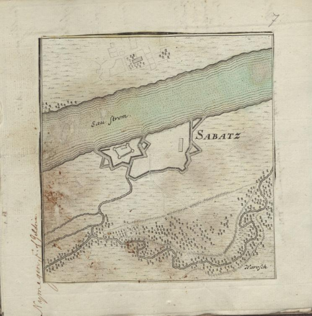 Ein altes Buch mit einer detaillierten Karte von Sabatz, Deutschland, mit Straßen, Gebäuden und Sehenswürdigkeiten, begleitet von Text, der die Bevölkerung, Geschichte und Kultur der Stadt beschreibt.