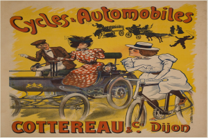 Plakat, das Fahrräder und Automobile in Cottereau und Dijon, Frankreich, bewirbt, zeigt Menschen, die Fahrräder fahren und eine Kutsche mit 'Fahrräder und Automobile' oben.