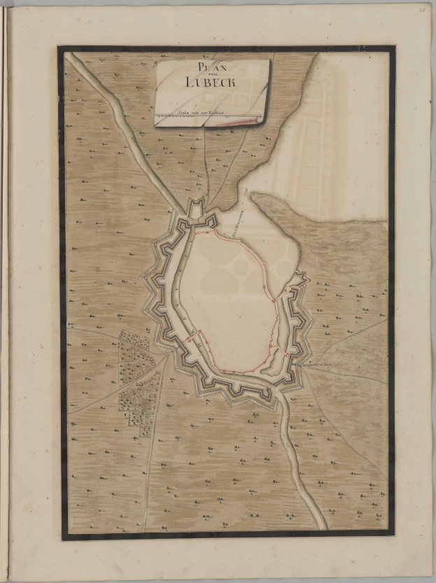 Ein detaillierter Stadtplan der Stadt Lübeck auf dem Cover eines alten Buches, der Straßen, Gebäude und Sehenswürdigkeiten zeigt, mit begleitendem Text über die Bevölkerung, Geschichte und Kultur der Stadt.
