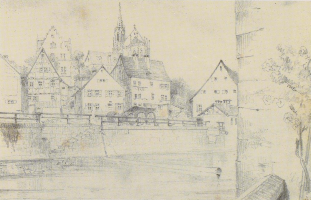 Ein Bleistift-Zeichnung namens "Nürnberg, Deutschland" von Joseph Mallord William Turner, die eine Stadtlandschaft mit einem Fluss, Gebäuden, Bäumen und einer Brücke zeigt.