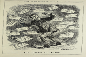 Ein Blatt Papier mit einer Zeichnung eines Mannes in Anzug und Krawatte, der ein Schild hält, auf dem steht "Der Albtraum des Wählers" und einen entschlossenen Gesichtsausdruck hat.