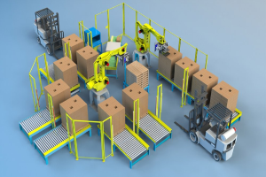 Gruppe automatisierter Roboter, die auf einem Förderband in einem Lager arbeiten und Kartonagenboxen handhaben, mit Fahrzeugen auf dem Boden.