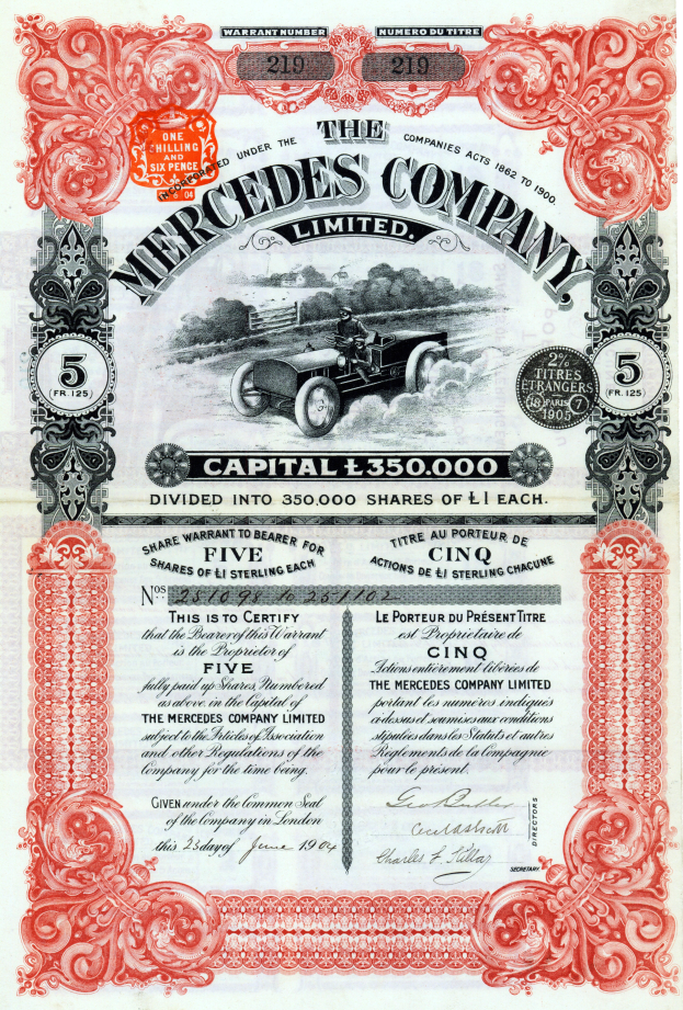 Ein hellblaues Papier mit der Schrift "Mercedes-Benz Company Limited Aktienzertifikat" in fetter Schrift zentriert und ein Bild eines klassischen Wagens mit schlankem Design und glänzender Oberfläche.