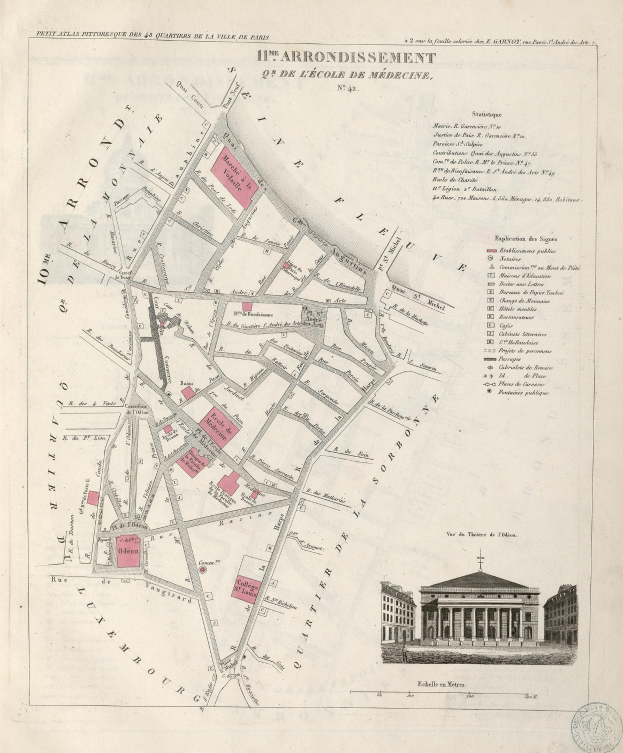 Detailiertes altes Pariser Stadtplan mit einem zentralen Gebäude, das Straßen, Sehenswürdigkeiten und Textanmerkungen zeigt.