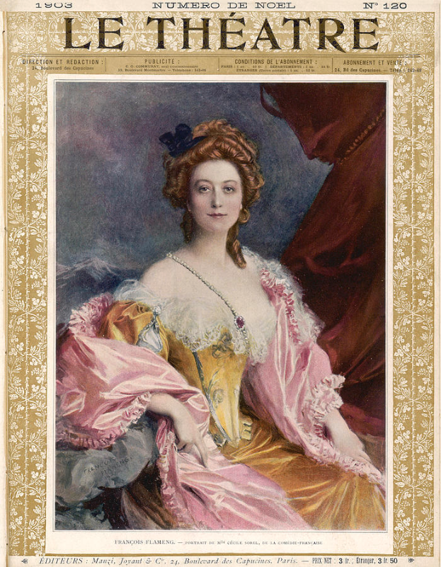 Eine Frau in einem pinken Kleid mit zurückgebundenem Haar, die direkt in die Kamera schaut, auf dem Cover einer Zeitschrift mit der Aufschrift "Le Theatre".